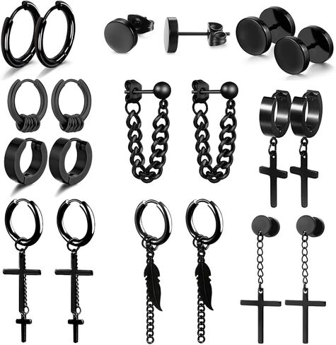 مجموعة من 28 قطعة من الأقراط المتدلية ذات الصليب الأسود، مجموعة من الأقراط الحلقية ذات سلسلة طويلة من الفولاذ المقاوم للصدأ، للجنسين in Kuwait