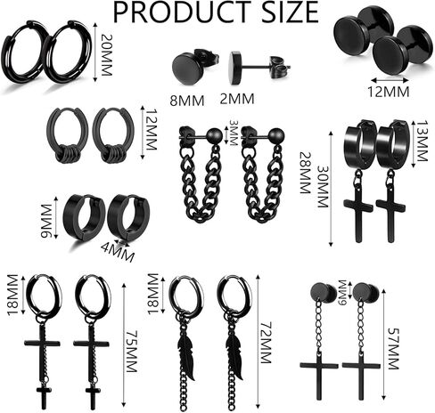 مجموعة من 28 قطعة من الأقراط المتدلية ذات الصليب الأسود، مجموعة من الأقراط الحلقية ذات سلسلة طويلة من الفولاذ المقاوم للصدأ، للجنسين in Kuwait