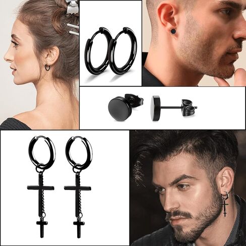 مجموعة من 28 قطعة من الأقراط المتدلية ذات الصليب الأسود، مجموعة من الأقراط الحلقية ذات سلسلة طويلة من الفولاذ المقاوم للصدأ، للجنسين in Kuwait