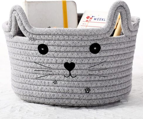 Zopeal Cat Basket Storage منظم سلة منسوجة مع آذان مزخرفة لعبة Pet Toy Cute Basket Cotton Rope Basket for Gift Dog Dog Toy Bin Room (8.3 × 4.7 بوصة ، أبيض ، رمادي فاتح ورمادي) in Kuwait