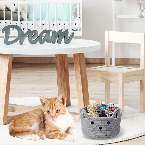 Zopeal Cat Basket Storage منظم سلة منسوجة مع آذان مزخرفة لعبة Pet Toy Cute Basket Cotton Rope Basket for Gift Dog Dog Toy Bin Room (8.3 × 4.7 بوصة ، أبيض ، رمادي فاتح ورمادي) in Kuwait