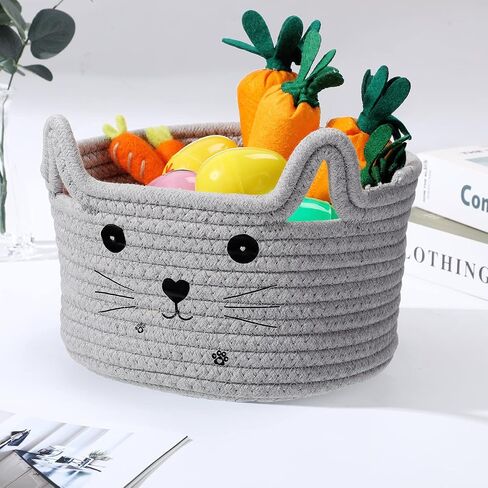Zopeal Cat Basket Storage منظم سلة منسوجة مع آذان مزخرفة لعبة Pet Toy Cute Basket Cotton Rope Basket for Gift Dog Dog Toy Bin Room (8.3 × 4.7 بوصة ، أبيض ، رمادي فاتح ورمادي) in Kuwait