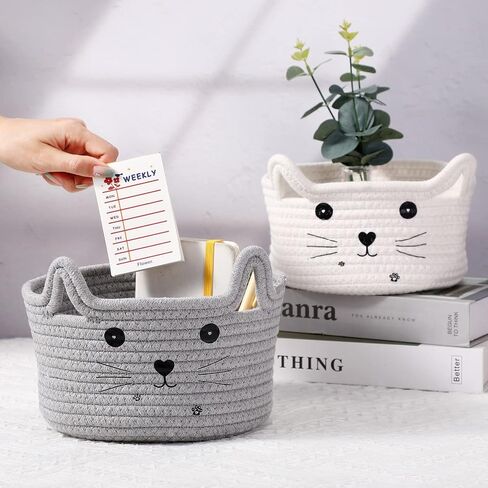 Zopeal Cat Basket Storage منظم سلة منسوجة مع آذان مزخرفة لعبة Pet Toy Cute Basket Cotton Rope Basket for Gift Dog Dog Toy Bin Room (8.3 × 4.7 بوصة ، أبيض ، رمادي فاتح ورمادي) in Kuwait