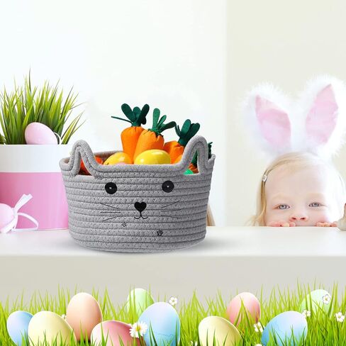 Zopeal Cat Basket Storage منظم سلة منسوجة مع آذان مزخرفة لعبة Pet Toy Cute Basket Cotton Rope Basket for Gift Dog Dog Toy Bin Room (8.3 × 4.7 بوصة ، أبيض ، رمادي فاتح ورمادي) in Kuwait