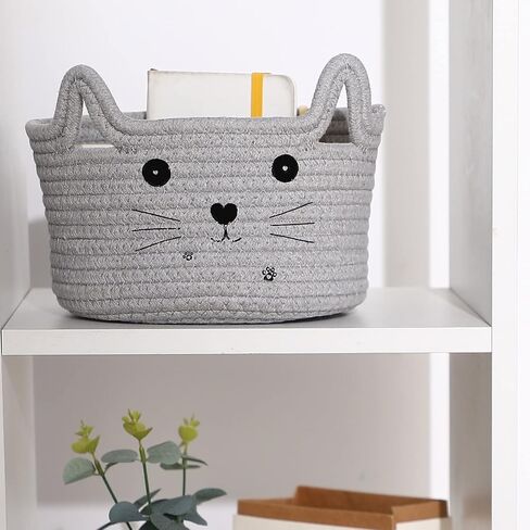 Zopeal Cat Basket Storage منظم سلة منسوجة مع آذان مزخرفة لعبة Pet Toy Cute Basket Cotton Rope Basket for Gift Dog Dog Toy Bin Room (8.3 × 4.7 بوصة ، أبيض ، رمادي فاتح ورمادي) in Kuwait