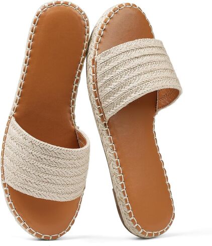 Tscoyuki Womens Flat Flat Sandals زلة الصيف على المنتجع على الصنادل النسائية رافيا شاطئ الصندل المفتوح شرائح Espadrille in Kuwait