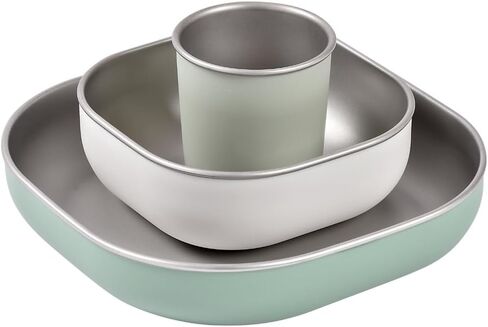 BEABA Stainless Steel Meal Set | Microwave and Oven Safe | Baby Plates Baby Bowls and Cup with Anti-Slip Silicone Cover | Kids Plates Non Toxic, Sage Green in Saudi Arabia