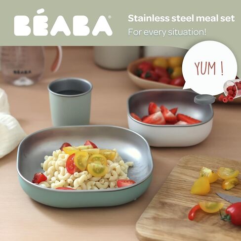 BEABA Stainless Steel Meal Set | Microwave and Oven Safe | Baby Plates Baby Bowls and Cup with Anti-Slip Silicone Cover | Kids Plates Non Toxic, Sage Green in Saudi Arabia