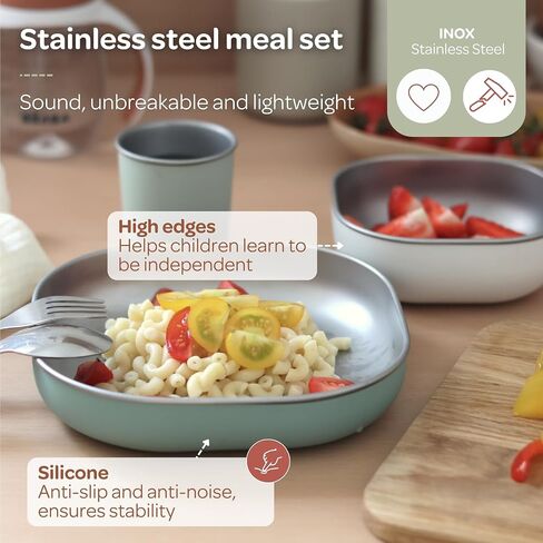 BEABA Stainless Steel Meal Set | Microwave and Oven Safe | Baby Plates Baby Bowls and Cup with Anti-Slip Silicone Cover | Kids Plates Non Toxic, Sage Green in Saudi Arabia