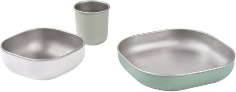 BEABA Stainless Steel Meal Set | Microwave and Oven Safe | Baby Plates Baby Bowls and Cup with Anti-Slip Silicone Cover | Kids Plates Non Toxic, Sage Green in Saudi Arabia