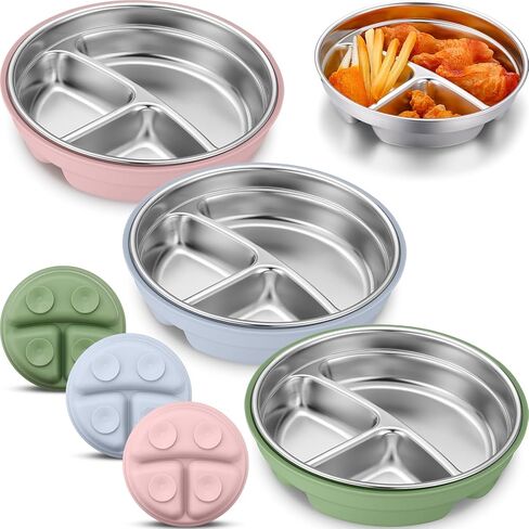 Nuogo 2 Pcs Stainless Steel Baby Suction Plates with Removable Silicone Shell 2-in-1 Metal Toddler Bowl Divided for Picky Eaters Kids Feeding Led Weaning Supplies, Dishwasher Safe (Purple,Green) in Saudi Arabia
