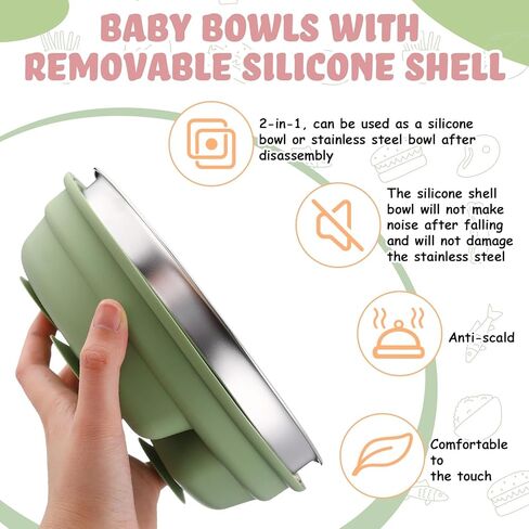 Nuogo 2 Pcs Stainless Steel Baby Suction Plates with Removable Silicone Shell 2-in-1 Metal Toddler Bowl Divided for Picky Eaters Kids Feeding Led Weaning Supplies, Dishwasher Safe (Purple,Green) in Saudi Arabia