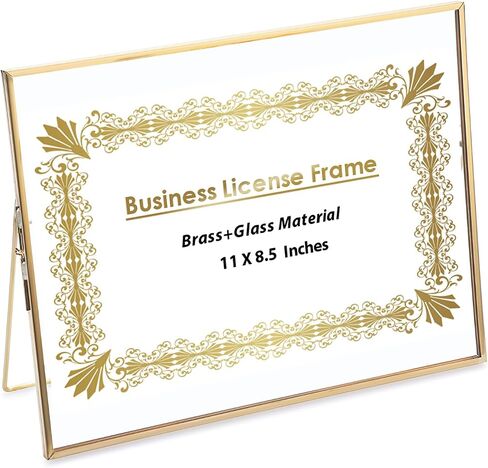 JUXYES Tabletop Business License Frame Brass License Certificate Display Frame, Double Glass Floating Picture Frame, Desktop Golden Frame for 4x9 and 3.5x8.5 Certificate Business Licenses in Saudi Arabia