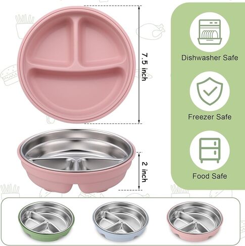 Nuogo 2 Pcs Stainless Steel Baby Suction Plates with Removable Silicone Shell 2-in-1 Metal Toddler Bowl Divided for Picky Eaters Kids Feeding Led Weaning Supplies, Dishwasher Safe (Purple,Green) in Saudi Arabia