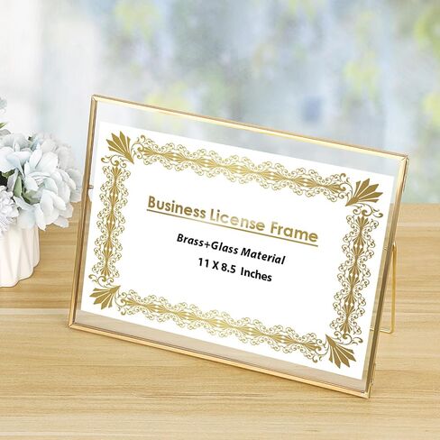 JUXYES Tabletop Business License Frame Brass License Certificate Display Frame, Double Glass Floating Picture Frame, Desktop Golden Frame for 4x9 and 3.5x8.5 Certificate Business Licenses in Saudi Arabia