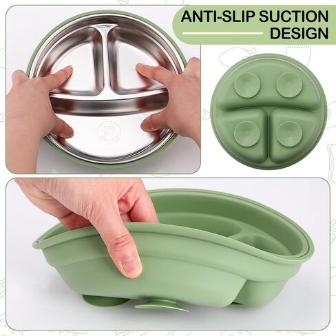Nuogo 2 Pcs Stainless Steel Baby Suction Plates with Removable Silicone Shell 2-in-1 Metal Toddler Bowl Divided for Picky Eaters Kids Feeding Led Weaning Supplies, Dishwasher Safe (Purple,Green) in Saudi Arabia