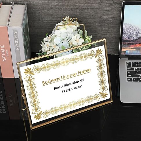 JUXYES Tabletop Business License Frame Brass License Certificate Display Frame, Double Glass Floating Picture Frame, Desktop Golden Frame for 4x9 and 3.5x8.5 Certificate Business Licenses in Saudi Arabia