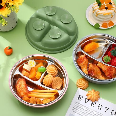 Nuogo 2 Pcs Stainless Steel Baby Suction Plates with Removable Silicone Shell 2-in-1 Metal Toddler Bowl Divided for Picky Eaters Kids Feeding Led Weaning Supplies, Dishwasher Safe (Purple,Green) in Saudi Arabia