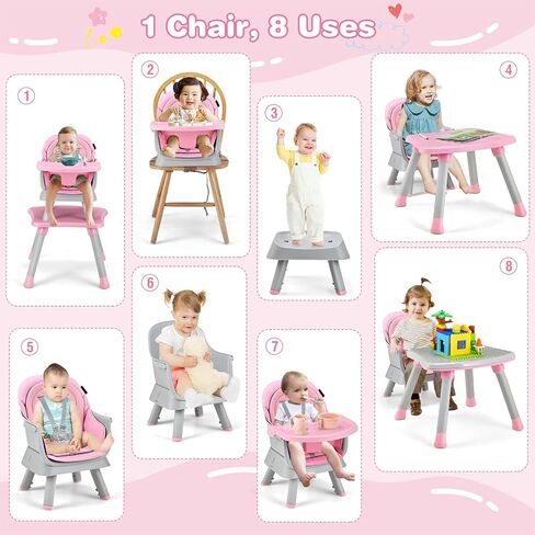 HONEY JOY 8 in 1 Baby High Chair, Convertible Highchair for Babies and Toddlers/Table and Chair Set/Building Block Table/Booster Seat/Stool/Toddler Chair with Safety Harness (Pink) in Saudi Arabia