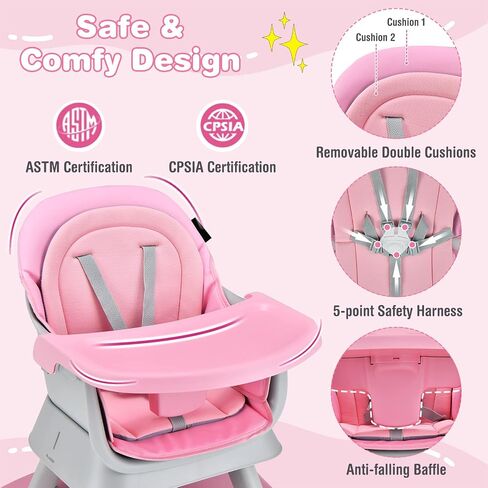 HONEY JOY 8 in 1 Baby High Chair, Convertible Highchair for Babies and Toddlers/Table and Chair Set/Building Block Table/Booster Seat/Stool/Toddler Chair with Safety Harness (Pink) in Saudi Arabia