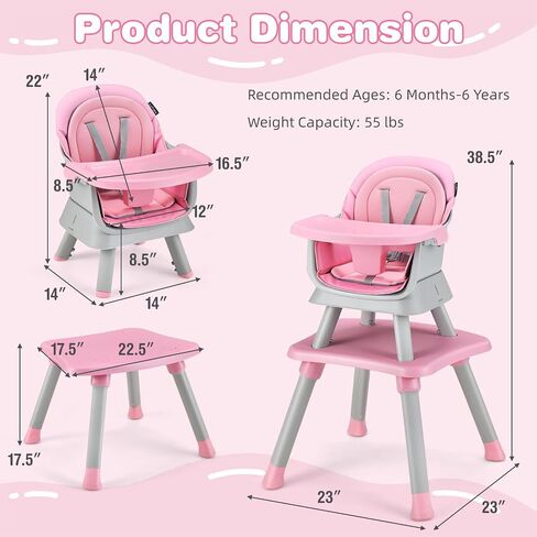 HONEY JOY 8 in 1 Baby High Chair, Convertible Highchair for Babies and Toddlers/Table and Chair Set/Building Block Table/Booster Seat/Stool/Toddler Chair with Safety Harness (Pink) in Saudi Arabia