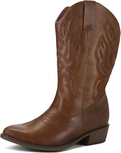 mysoft Women's Wide Calf Cowboy Boots Pull-On Mid-Calf Embroidered Pointed Toe Retro Western Boots in Saudi Arabia