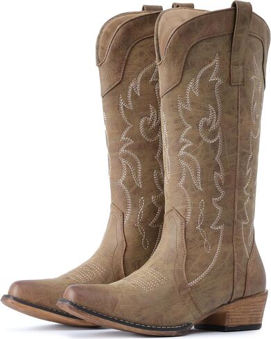 IUV Cowboy Boots for Women Mid Calf Fashion Cowgirl Boots with Embroidery Western Snip Toe in Saudi Arabia