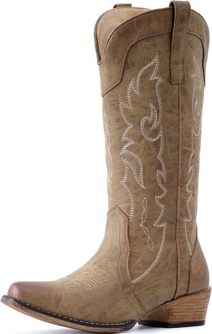 IUV Cowboy Boots for Women Mid Calf Fashion Cowgirl Boots with Embroidery Western Snip Toe in Saudi Arabia