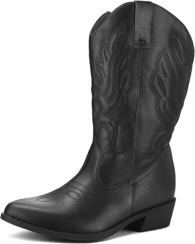 mysoft Women's Wide Calf Cowboy Boots Pull-On Mid-Calf Embroidered Pointed Toe Retro Western Boots in Saudi Arabia