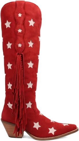 Dingo Womens Super Star Fringe Tooled Inlay Snip Toe Casual Boots Over the Knee Mid Heel 2-3" - Blue in Saudi Arabia