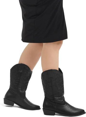 mysoft Women's Wide Calf Cowboy Boots Pull-On Mid-Calf Embroidered Pointed Toe Retro Western Boots in Saudi Arabia