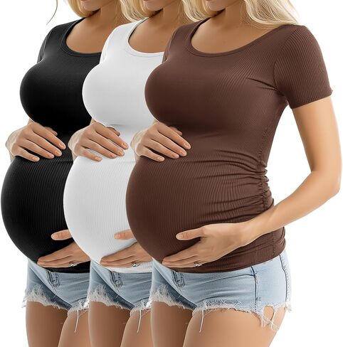 Ficerd 3 Pack Women's Maternity T Shirts, Short Sleeve Cotton Pregnancy Tops Crew Neck Ribbed Knit Side Ruched Mama Clothes in Saudi Arabia