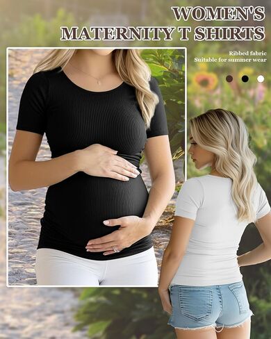 Ficerd 3 Pack Women's Maternity T Shirts, Short Sleeve Cotton Pregnancy Tops Crew Neck Ribbed Knit Side Ruched Mama Clothes in Saudi Arabia
