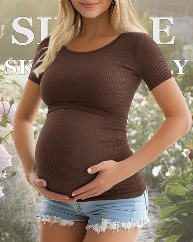 Ficerd 3 Pack Women's Maternity T Shirts, Short Sleeve Cotton Pregnancy Tops Crew Neck Ribbed Knit Side Ruched Mama Clothes in Saudi Arabia