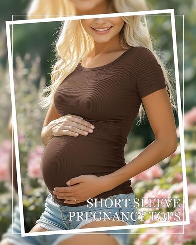 Ficerd 3 Pack Women's Maternity T Shirts, Short Sleeve Cotton Pregnancy Tops Crew Neck Ribbed Knit Side Ruched Mama Clothes in Saudi Arabia