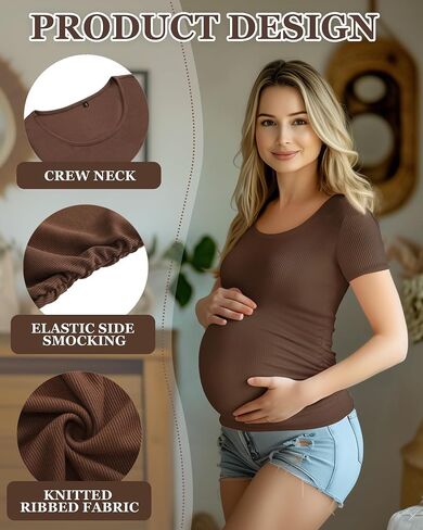 Ficerd 3 Pack Women's Maternity T Shirts, Short Sleeve Cotton Pregnancy Tops Crew Neck Ribbed Knit Side Ruched Mama Clothes in Saudi Arabia