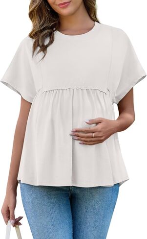 Yousify Women's Maternity Shirts Short Sleeve Crew Neck Tunic Tops Casual Babydoll Spring Summer Blouses Clothes in Saudi Arabia