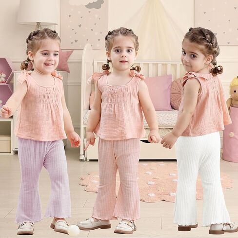 3 Pack Baby Girls Pants Solid Ruffled Ribbed Toddler Flared Pants Newborn Bell Bottoms Infant Leggings in Kuwait