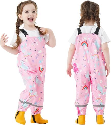 Kids Waterproof Rain Bib Pants, Boys Girls Rain Pants Cartoon Rain Trousers Lightweight Rainwear for Toddlers in Saudi Arabia
