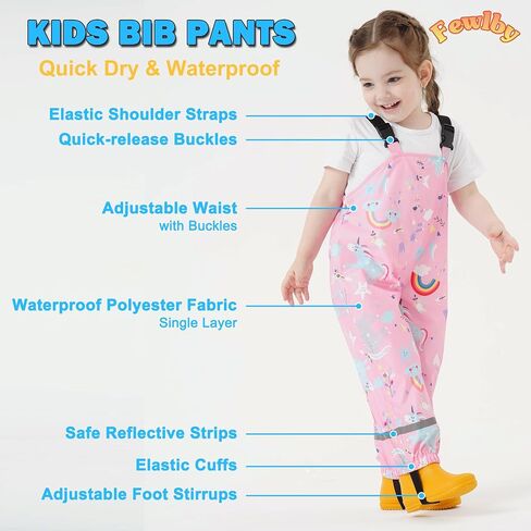 Kids Waterproof Rain Bib Pants, Boys Girls Rain Pants Cartoon Rain Trousers Lightweight Rainwear for Toddlers in Saudi Arabia