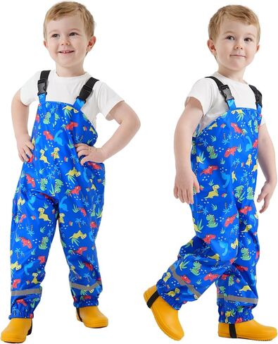 Kids Waterproof Rain Bib Pants, Boys Girls Rain Pants Cartoon Rain Trousers Lightweight Rainwear for Toddlers in Saudi Arabia