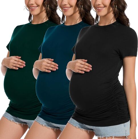 Smallshow Women's Maternity Shirts Crew Neck Short Sleeve Pregnancy Clothes 3 Pack in Kuwait