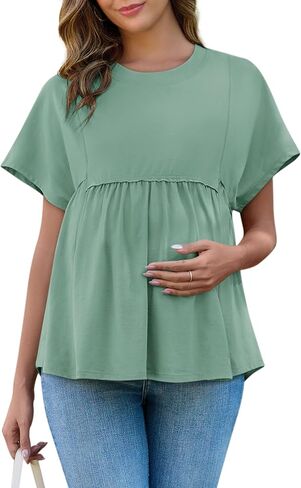 Yousify Women's Maternity Shirts Short Sleeve Crew Neck Tunic Tops Casual Babydoll Spring Summer Blouses Clothes in Saudi Arabia