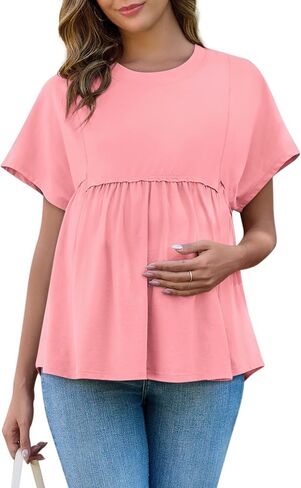 Yousify Women's Maternity Shirts Short Sleeve Crew Neck Tunic Tops Casual Babydoll Spring Summer Blouses Clothes in Saudi Arabia