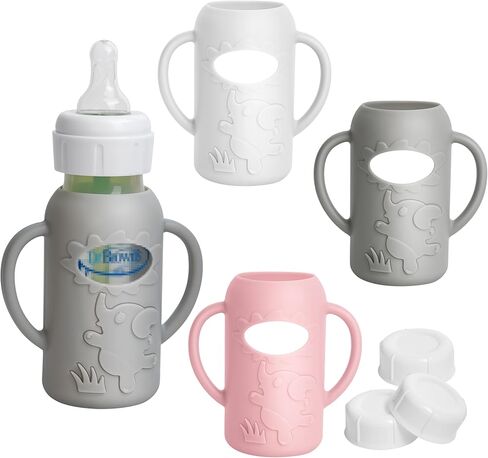 3 Pack Silicone Sleeves for Dr Brown Natural Glass Baby Bottles, Food Grade Anti Breakage Baby Bottle Holder with Handles and 3pcs Travel Bottle Caps (White+Pink+Grey, 4oz) in Kuwait