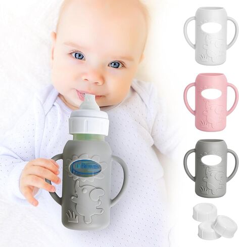 3 Pack Silicone Sleeves for Dr Brown Natural Glass Baby Bottles, Food Grade Anti Breakage Baby Bottle Holder with Handles and 3pcs Travel Bottle Caps (White+Pink+Grey, 4oz) in Kuwait