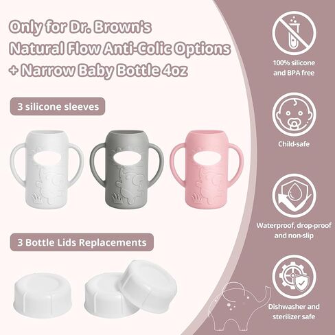 3 Pack Silicone Sleeves for Dr Brown Natural Glass Baby Bottles, Food Grade Anti Breakage Baby Bottle Holder with Handles and 3pcs Travel Bottle Caps (White+Pink+Grey, 4oz) in Kuwait