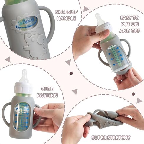 3 Pack Silicone Sleeves for Dr Brown Natural Glass Baby Bottles, Food Grade Anti Breakage Baby Bottle Holder with Handles and 3pcs Travel Bottle Caps (White+Pink+Grey, 4oz) in Kuwait