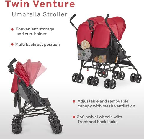 Dream On Me Twin Venture Umbrella Stroller in Red in Saudi Arabia