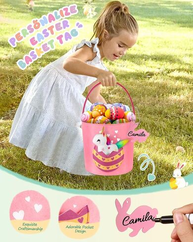 Swooflia لطيف Bunny Easter Basket for Kids - حقائب كبيرة مخصصة تشمل دمية واحدة صغيرة من أفلامي واحد لي اسم دلو أول لعبة Easter Egg Hunts ، هدية للفتيات الصبيان طفل الأطفال in Kuwait